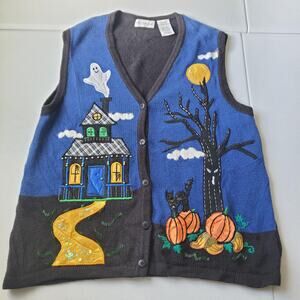 White Stag Sweater Vest Womens XL Blue Halloween Haunted House Cat Pumpkins